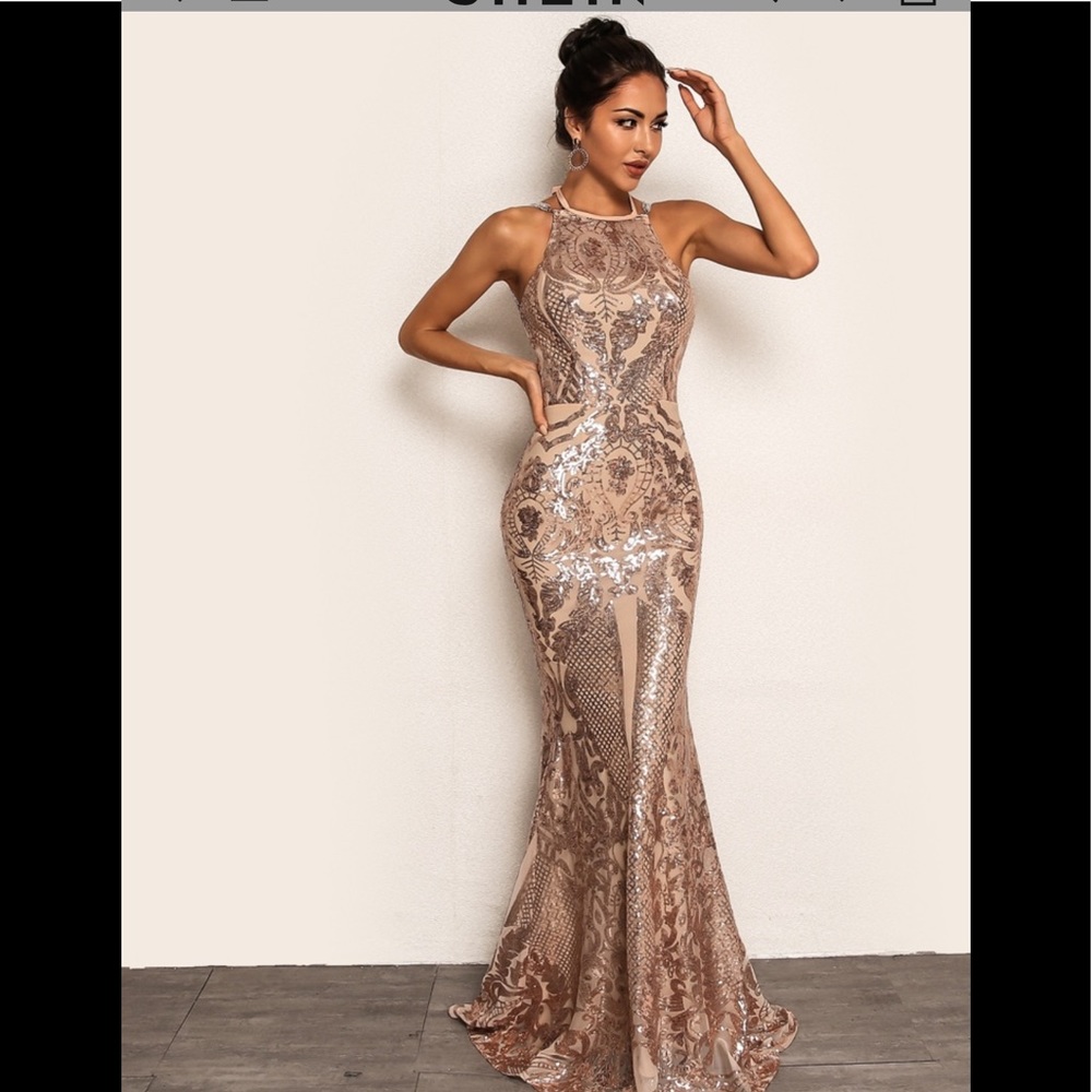 Joyfunear Tie Back Chain Detail Fishtail Hem Sequin Dress